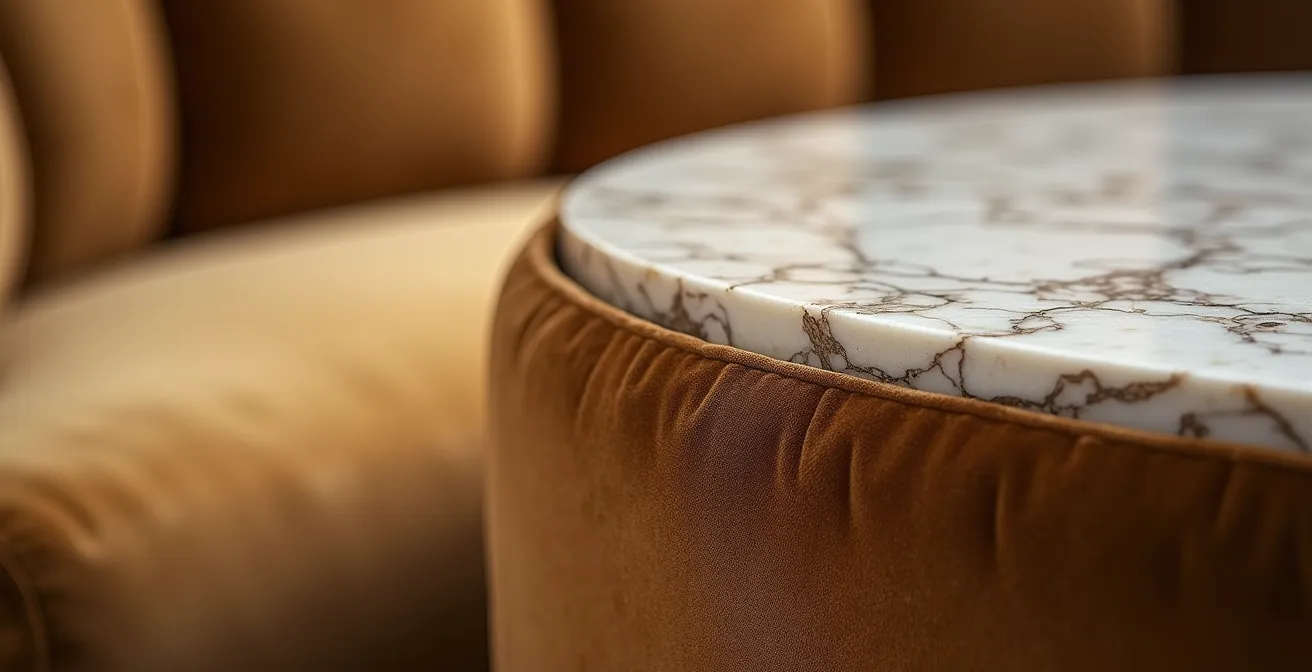 Gros plan sur texture velours d'un canapé avec reflets sur plateau de marbre