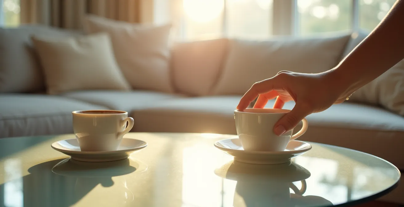 Jeu de lumière naturelle traversant une table basse en verre devant un canapé clair