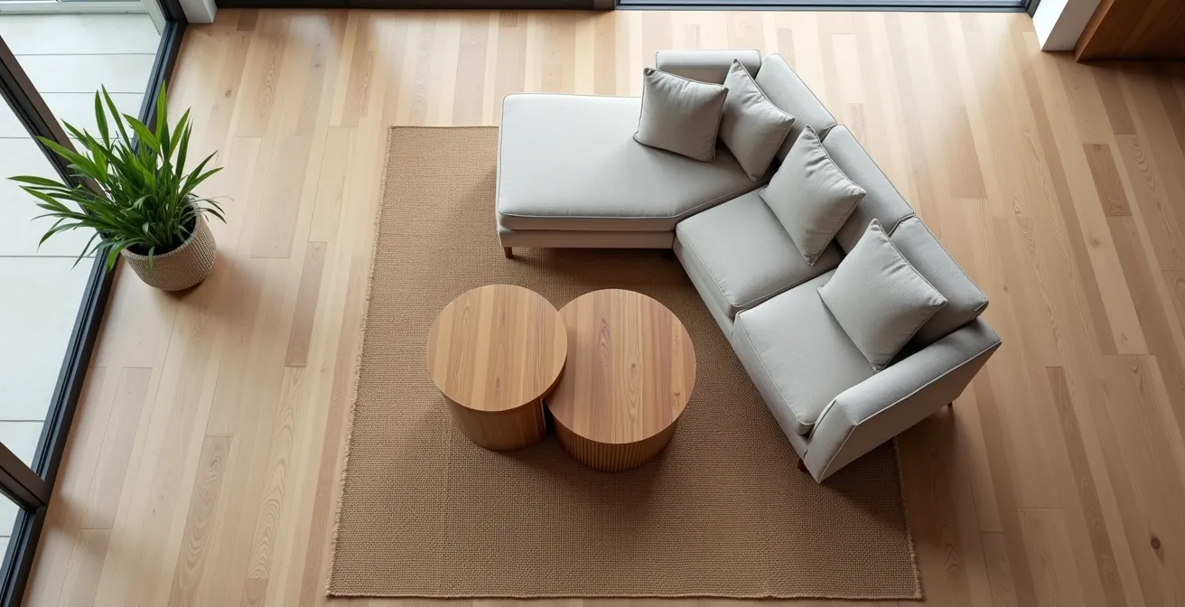 Composition de tables basses gigognes dans un salon avec canapé d'angle